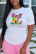 White Casual Street Print Draw String Letter O Neck T-Shirts