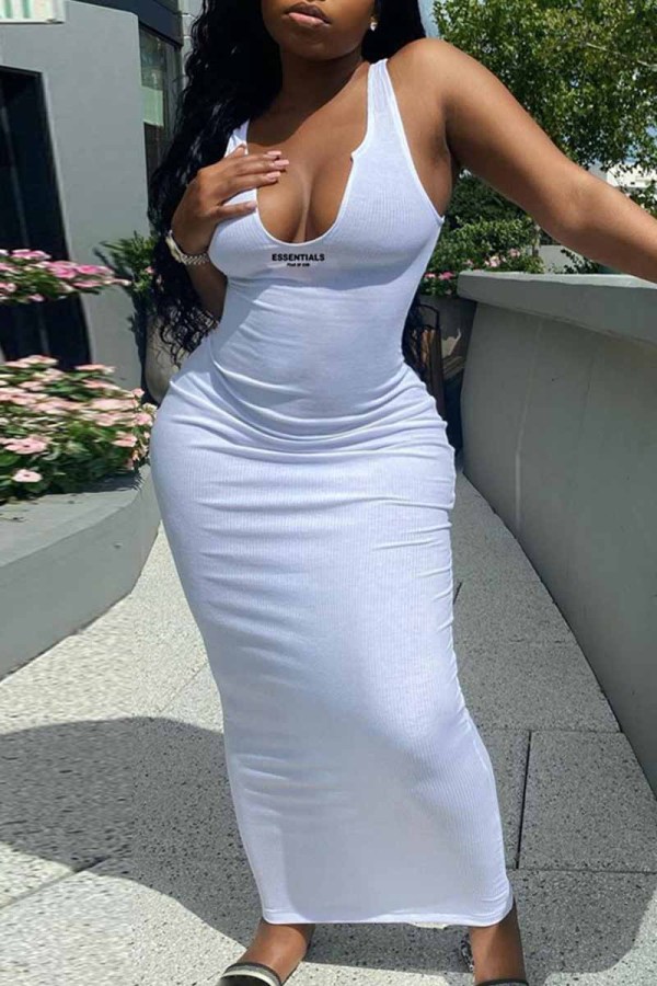 White Street Print Letter V Neck One Step Skirt Dresses