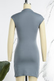Dark Gray Sexy Solid Hollowed Out Patchwork O Neck Pencil Skirt Dresses