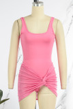 Pink Sexy Solid Patchwork U Neck Sleeveless Two Pieces
