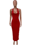 Deep Red Street Print Letter V Neck One Step Skirt Dresses