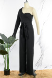 Black Casual Solid Bandage Patchwork Feathers Asymmetrical Collar Regular Jumpsuits
