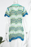 Blue Sexy Solid Hollowed Out Patchwork Turndown Collar One Step Skirt Dresses