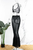 Red Sexy Party Solid Patchwork See-through Mesh Halter Sleeveless Two Pieces