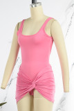 Pink Sexy Solid Patchwork U Neck Sleeveless Two Pieces