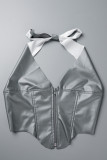 Black Sexy Solid Patchwork Asymmetrical Zipper Halter Tops