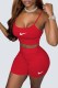Red Street Embroidery Patchwork Spaghetti Strap Sleeveless Two Pieces