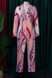 Pink Casual Work Elegant Print Patchwork Buttons Turn-back Collar Long Sleeve Two Pieces