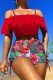 Red Sexy Print Patchwork Backless Swimwears