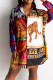Khaki Casual Print Patchwork Buckle Turndown Collar Long Sleeve Two Pieces