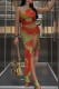 Orange Sexy Print Patchwork See-through Slit Oblique Collar Sleeveless Two Pieces