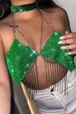 Fluorescent Green Sexy Patchwork Tassel Chains Backless Halter Tops