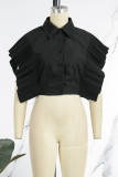 Black Casual Solid Patchwork Buckle Flounce Turndown Collar Tops