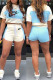 Light Blue Street Print Patchwork Letter Hooded Collar Short Sleeve Two Pieces