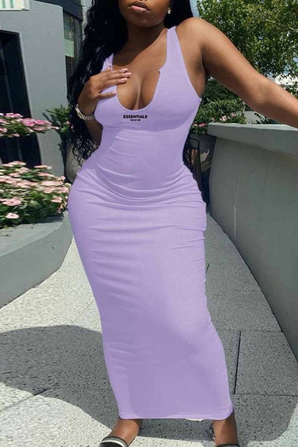 Light Purple Street Print Letter V Neck One Step Skirt Dresses