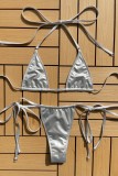 Silver Sexy Solid Bandage Backless Swimwears (Without Paddings)
