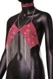 Rose Red Sexy Patchwork Tassel Chains Backless Halter Tops