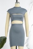 Dark Gray Sexy Solid Hollowed Out Patchwork O Neck Pencil Skirt Dresses
