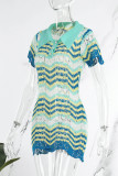 Blue Sexy Solid Hollowed Out Patchwork Turndown Collar One Step Skirt Dresses