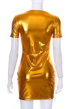 Gold Sexy Solid Basic O Neck Short Sleeve Dress