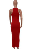 Deep Red Street Print Letter V Neck One Step Skirt Dresses