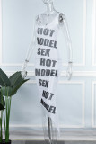 White Sexy Letter Print Patchwork See-through Asymmetrical U Neck Pencil Skirt Dresses