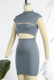 Dark Gray Sexy Solid Hollowed Out Patchwork O Neck Pencil Skirt Dresses