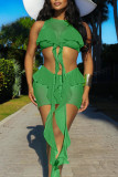 Green Sexy Solid Patchwork See-through Flounce O Neck Sleeveless Two Pieces