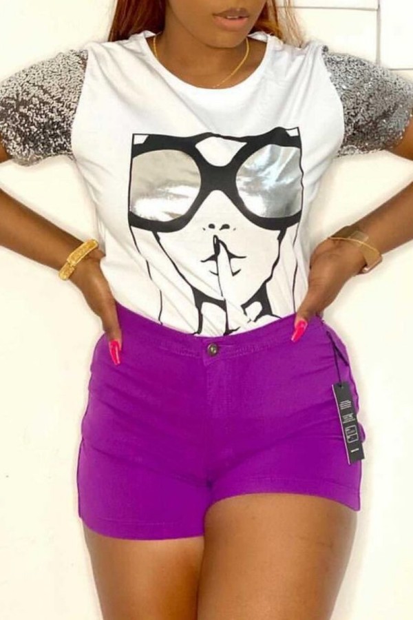 White Casual Print Patchwork O Neck T-Shirts