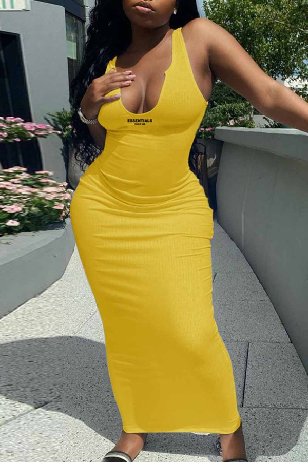 Yellow Street Print Letter V Neck One Step Skirt Dresses