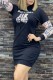 Black Casual Print Letter Hooded Collar One Step Skirt Dresses