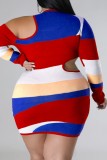 Red Casual Patchwork Hollowed Out V Neck Long Sleeve Plus Size Dresses