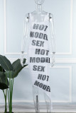 White Sexy Letter Print Patchwork See-through Asymmetrical U Neck Pencil Skirt Dresses
