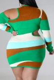 Green Casual Patchwork Hollowed Out V Neck Long Sleeve Plus Size Dresses