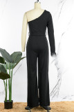 Black Casual Solid Bandage Patchwork Feathers Asymmetrical Collar Regular Jumpsuits