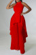 Red Casual Street Elegant Solid Backless Flounce Fold Halter Sleeveless Two Pieces