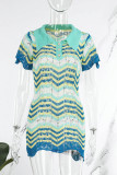 Blue Sexy Solid Hollowed Out Patchwork Turndown Collar One Step Skirt Dresses