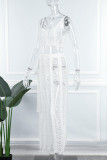 White Sexy Solid Bandage Hollowed Out Patchwork Slit Spaghetti Strap Sleeveless Two Pieces