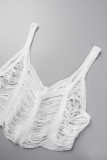 White Sexy Solid Bandage Hollowed Out Patchwork Slit Spaghetti Strap Sleeveless Two Pieces