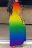 Yellow Casual Gradual Change Print Basic V Neck Short Sleeve Dress