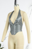 Black Sexy Solid Patchwork Asymmetrical Zipper Halter Tops