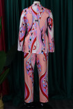 Pink Casual Work Elegant Print Patchwork Buttons Turn-back Collar Long Sleeve Two Pieces