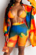 Tangerine Red Casual Print Patchwork Buckle Turndown Collar Long Sleeve Two Pieces