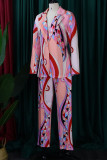 Pink Casual Work Elegant Print Patchwork Buttons Turn-back Collar Long Sleeve Two Pieces