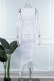 White Sexy Letter Print Patchwork See-through Asymmetrical U Neck Pencil Skirt Dresses