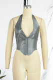 Black Sexy Solid Patchwork Asymmetrical Zipper Halter Tops