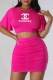 Rose Red Elegant Print Fold Letter O Neck Short Sleeve Two Pieces