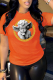 Orange Casual Vintage Print Patchwork Letter O Neck T-Shirts