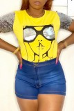 Yellow Casual Print Patchwork O Neck T-Shirts