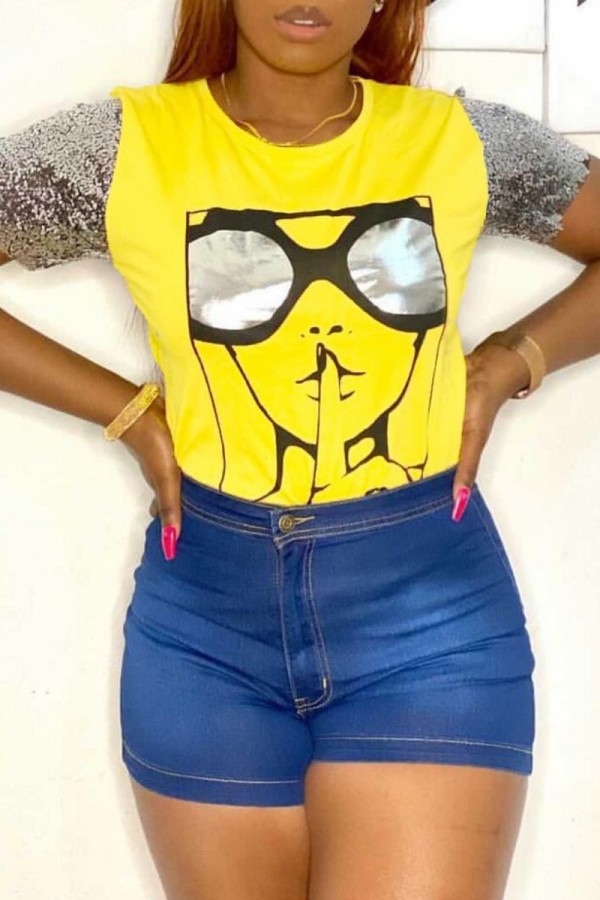 Yellow Casual Print Patchwork O Neck T-Shirts